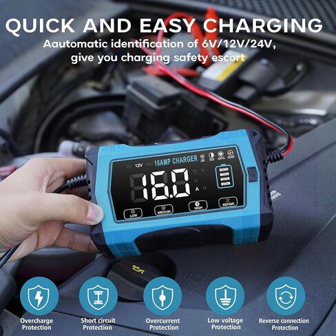 شاحن بطارية سيارة HTRC، 10 أمبير 12 فولت و24 فولت، جهاز إزالة الكبريت من الشاحن الأوتوماتيكي بالكامل، جهاز صيانة بطارية LCD ذكي مع تعويض درجة الحرارة للسيارة والدراجات النارية والحديقة والليثيوم وLiFePO4 وحمض الرصاص in Kuwait