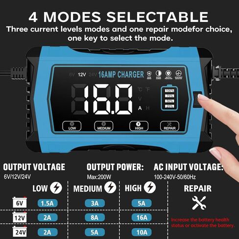 شاحن بطارية سيارة HTRC، 10 أمبير 12 فولت و24 فولت، جهاز إزالة الكبريت من الشاحن الأوتوماتيكي بالكامل، جهاز صيانة بطارية LCD ذكي مع تعويض درجة الحرارة للسيارة والدراجات النارية والحديقة والليثيوم وLiFePO4 وحمض الرصاص in Kuwait