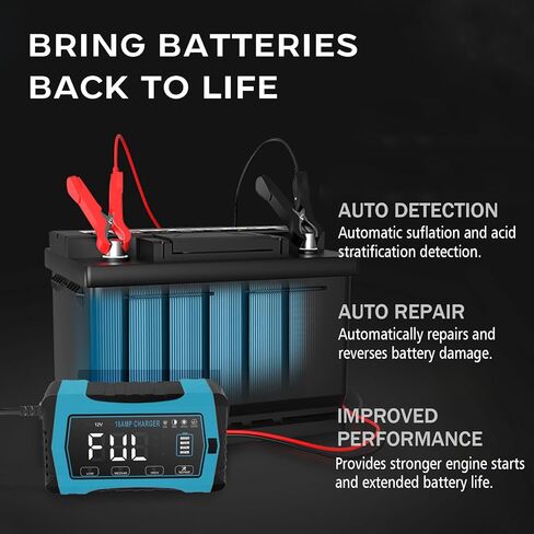 شاحن بطارية سيارة HTRC، 10 أمبير 12 فولت و24 فولت، جهاز إزالة الكبريت من الشاحن الأوتوماتيكي بالكامل، جهاز صيانة بطارية LCD ذكي مع تعويض درجة الحرارة للسيارة والدراجات النارية والحديقة والليثيوم وLiFePO4 وحمض الرصاص in Kuwait