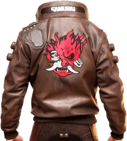Handmade Johnny Silverhand Brown Samurai Bomber Jacket for Men Embroidered Gaming Cosplay Halloween Costume with Cyborg Logo in Saudi Arabia