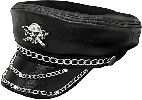 قبعة معدنية مرصعة بسلسلة معدنية للرجال من الجلد الطبيعي Steampunk Rock Cap (أسود، 55-56 سم) in Kuwait