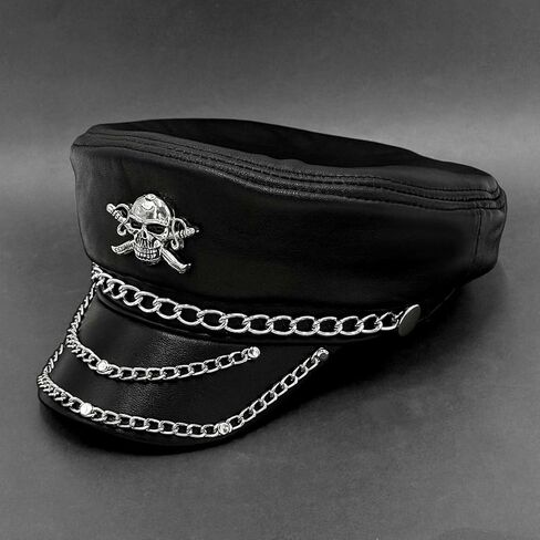 قبعة معدنية مرصعة بسلسلة معدنية للرجال من الجلد الطبيعي Steampunk Rock Cap (أسود، 55-56 سم) in Kuwait