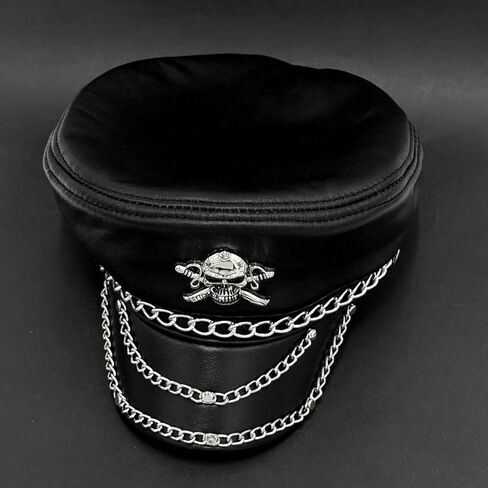 قبعة معدنية مرصعة بسلسلة معدنية للرجال من الجلد الطبيعي Steampunk Rock Cap (أسود، 55-56 سم) in Kuwait