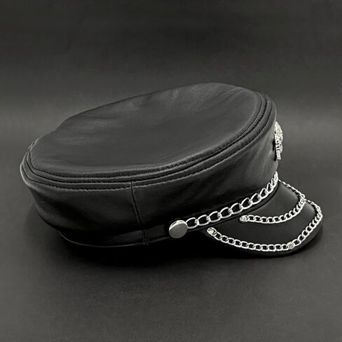 قبعة معدنية مرصعة بسلسلة معدنية للرجال من الجلد الطبيعي Steampunk Rock Cap (أسود، 55-56 سم) in Kuwait