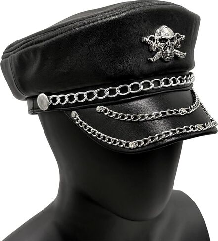 قبعة معدنية مرصعة بسلسلة معدنية للرجال من الجلد الطبيعي Steampunk Rock Cap (أسود، 55-56 سم) in Kuwait