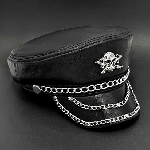 قبعة معدنية مرصعة بسلسلة معدنية للرجال من الجلد الطبيعي Steampunk Rock Cap (أسود، 55-56 سم) in Kuwait