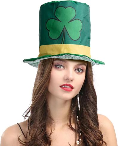 St.Patrick's Day Shamrock Clover Hat,Irish Green Top Hat,Costume Accessories Leprechaun Hat For Men Women (Green Hat F) in Kuwait
