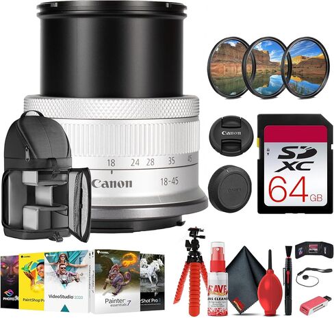 Canon RF-S 18-45mm f/4.5-6.3 is STM Lens with 64GB Extreme Pro Card + Corel Photo Software + Flexible Tripod + Filter kit + Card Wallet + Backpack + Cleaning Kit + Card Reader + Cap Keeper (Renewed) in Saudi Arabia