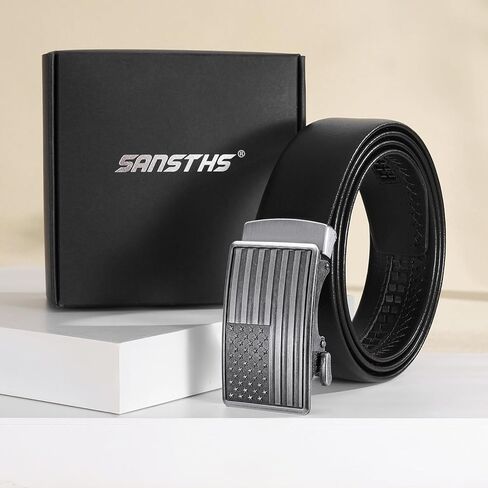 SANSTHS Mens Ratchet Belts Leather 1 3/8" for Men Dress and Casual, Adjustable Click Belts with American Flag Buckles in Saudi Arabia