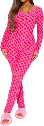 HOXIJIA Women Heart Printed Rompers Long Sleeve V Neck Button Down Long Jumpsuits Bodycon Pajamas Bodysuits for Valentine in Saudi Arabia