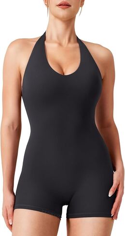 YEOREO Daiane Halter Workout Jumpsuits for Women Openback One Piece Padded No Front Seem Bodysuits V-Back Yoga Shorts Romper in Saudi Arabia