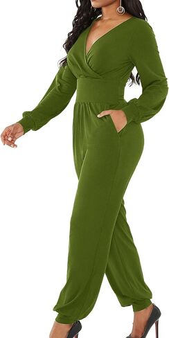 LYANER Women's Wrap Front Deep V Neck Long Sleeve Cocktail Club Jumpsuit Pant Romper in Saudi Arabia