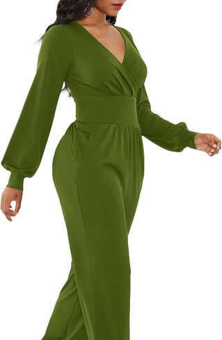 LYANER Women's Wrap Front Deep V Neck Long Sleeve Cocktail Club Jumpsuit Pant Romper in Saudi Arabia
