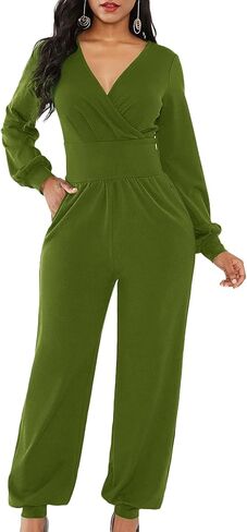 LYANER Women's Wrap Front Deep V Neck Long Sleeve Cocktail Club Jumpsuit Pant Romper in Saudi Arabia