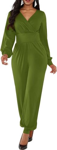 LYANER Women's Wrap Front Deep V Neck Long Sleeve Cocktail Club Jumpsuit Pant Romper in Saudi Arabia