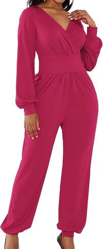 LYANER Women's Wrap Front Deep V Neck Long Sleeve Cocktail Club Jumpsuit Pant Romper in Saudi Arabia
