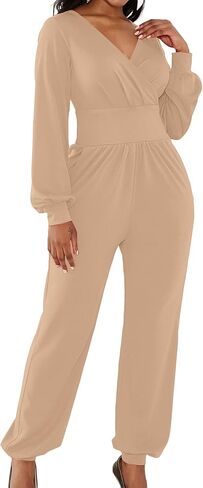 LYANER Women's Wrap Front Deep V Neck Long Sleeve Cocktail Club Jumpsuit Pant Romper in Saudi Arabia