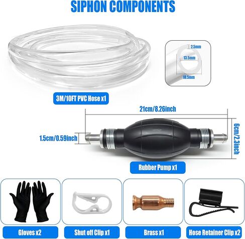 مضخة نقل الوقود، مضخة سيفون الغاز للبنزين، مضخة نقل يدوية للبنزين للوقود والزيت والديزل والماء والسوائل مع خرطوم سيفون PVC بطول 10 أقدام، نحاس، مشابك وقفازات (15 مم) in Kuwait