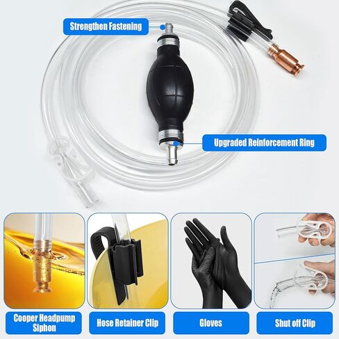 مضخة نقل الوقود، مضخة سيفون الغاز للبنزين، مضخة نقل يدوية للبنزين للوقود والزيت والديزل والماء والسوائل مع خرطوم سيفون PVC بطول 10 أقدام، نحاس، مشابك وقفازات (15 مم) in Kuwait
