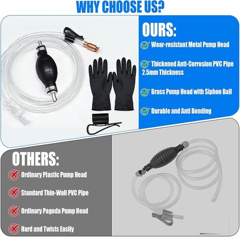 مضخة نقل الوقود، مضخة سيفون الغاز للبنزين، مضخة نقل يدوية للبنزين للوقود والزيت والديزل والماء والسوائل مع خرطوم سيفون PVC بطول 10 أقدام، نحاس، مشابك وقفازات (15 مم) in Kuwait
