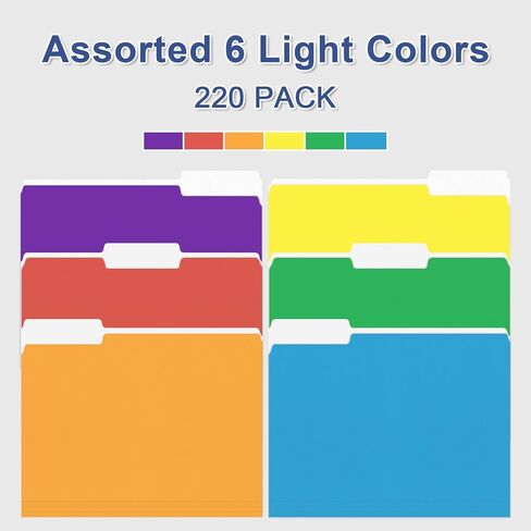 مجلد ملفات، PANDRI 220 Pack مجلد ملفات ملون، 1/3 علامات تبويب مقطوعة، حجم الحروف، مجلد ملفات متنوع 6 ألوان للأعمال المكتبية والمدرسة in Kuwait