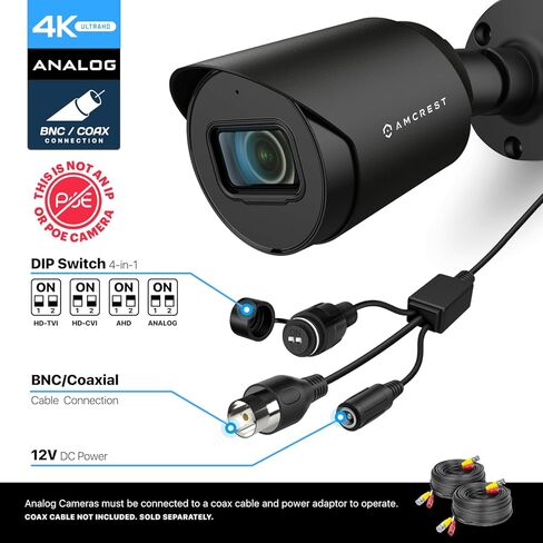 كاميرا أمان خارجية تناظرية 4K من Amcrest، رصاصة 4K (8 ميجابكسل) @15 إطارًا في الثانية، CCTV-Coax-BNC، رؤية ليلية 130 قدمًا، معدن IP67، زاوية 110 درجة، ميكروفون، أسود (ليست كاميرا IP) (يتطلب DVR، غير متضمن) (AMC4KBC28) -ب) in Kuwait