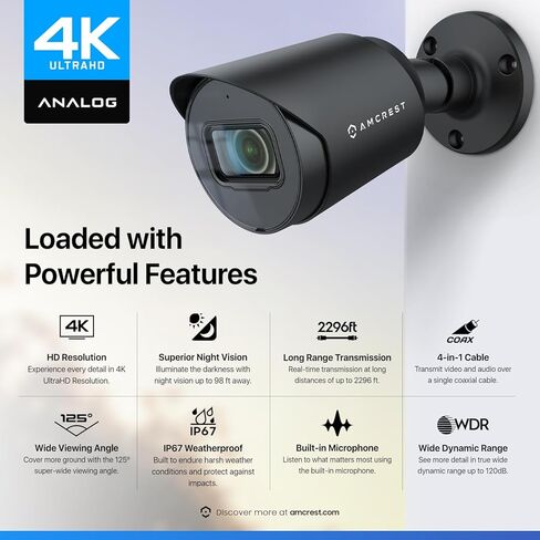 كاميرا أمان خارجية تناظرية 4K من Amcrest، رصاصة 4K (8 ميجابكسل) @15 إطارًا في الثانية، CCTV-Coax-BNC، رؤية ليلية 130 قدمًا، معدن IP67، زاوية 110 درجة، ميكروفون، أسود (ليست كاميرا IP) (يتطلب DVR، غير متضمن) (AMC4KBC28) -ب) in Kuwait