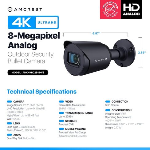 كاميرا أمان خارجية تناظرية 4K من Amcrest، رصاصة 4K (8 ميجابكسل) @15 إطارًا في الثانية، CCTV-Coax-BNC، رؤية ليلية 130 قدمًا، معدن IP67، زاوية 110 درجة، ميكروفون، أسود (ليست كاميرا IP) (يتطلب DVR، غير متضمن) (AMC4KBC28) -ب) in Kuwait