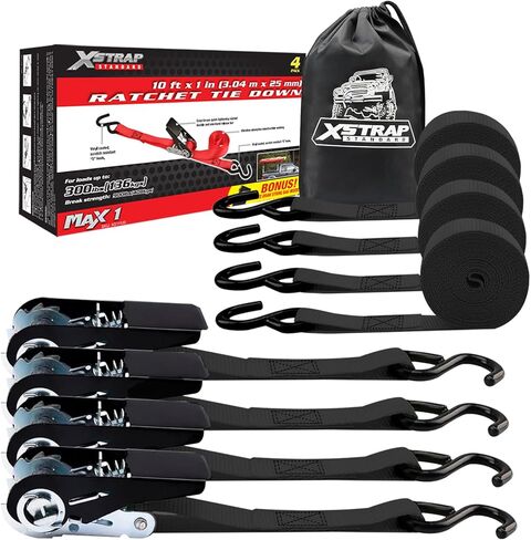 XSTRAP STANDARD Ratchet Tie Down Straps 8PK 1'' x 10 ft - 900 LB Break Strength Cargo Straps for Moving Appliances, Lawn Equipment, Motorcycle (Black) in Kuwait