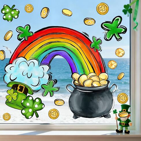 JarThenaAMCS 13 بوصة × 16.9 بوصة كبيرة جدًا لنافذة عيد القديس باتريك، ملصق شامروك البرسيم الذهبي للعملة المعدنية قوس قزح على الوجهين من الزجاج للعطلات الأيرلندية والمنزل والمكتب والفصول الدراسية وديكور الحائط، 4 أوراق in Kuwait