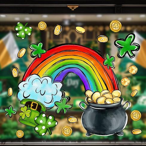 JarThenaAMCS 13 بوصة × 16.9 بوصة كبيرة جدًا لنافذة عيد القديس باتريك، ملصق شامروك البرسيم الذهبي للعملة المعدنية قوس قزح على الوجهين من الزجاج للعطلات الأيرلندية والمنزل والمكتب والفصول الدراسية وديكور الحائط، 4 أوراق in Kuwait