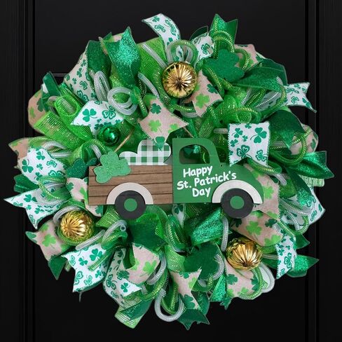 Bibelot St Patricks Day Wreaths for Front Door, Mesh Shamrock Clover Wreath with Gold Balls & Bow, Artificial St. Patrick's Day Decor for Wall Holiday Party Home in Saudi Arabia