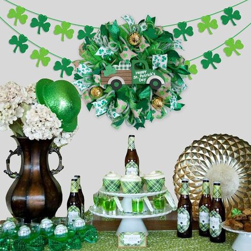 Bibelot St Patricks Day Wreaths for Front Door, Mesh Shamrock Clover Wreath with Gold Balls & Bow, Artificial St. Patrick's Day Decor for Wall Holiday Party Home in Saudi Arabia