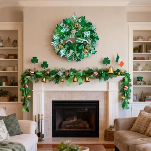 Bibelot St Patricks Day Wreaths for Front Door, Mesh Shamrock Clover Wreath with Gold Balls & Bow, Artificial St. Patrick's Day Decor for Wall Holiday Party Home in Saudi Arabia