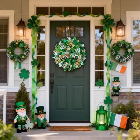 Bibelot St Patricks Day Wreaths for Front Door, Mesh Shamrock Clover Wreath with Gold Balls & Bow, Artificial St. Patrick's Day Decor for Wall Holiday Party Home in Saudi Arabia