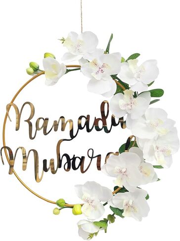 Ramadan Mubarak Wreaths Decorations, Artificial White Phalaenopsis Metal Hoop Floral Wreath, Eid Mubarak Garland Decor, for Farmhouse Door Wall Window Indoors Outdoor in Saudi Arabia