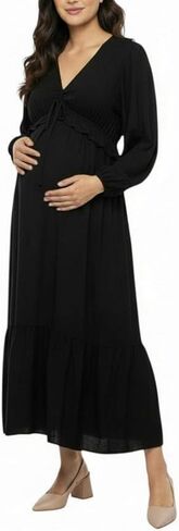 Motherhood Maternity Womens V-Neck Long Puff Sleeve Ruffle Midi Pregnancy Dress in Saudi Arabia