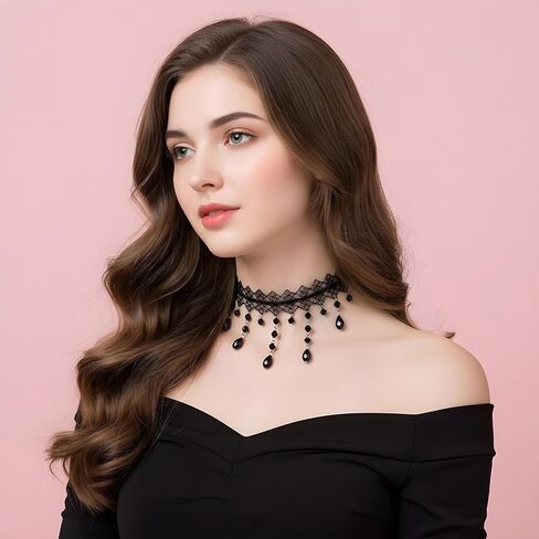 Ouligay Gothic Black Choker Necklace for Women Gothic Black Necklace Adjustable Vintage Goth Lace Collar Crystal Goth Jewelry Gifts for Halloween Cosplay Party Prom Costume Jewelry Accessories in Saudi Arabia