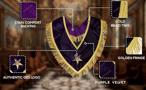 طوق راعي جدير باللون الأرجواني المخملي الماسوني OES مع جديلة ذهبية وهامش 1.5 بوصة، مبطن بالحرير الساتان، مصنوع يدويًا من Eastern Star Regalia in Kuwait