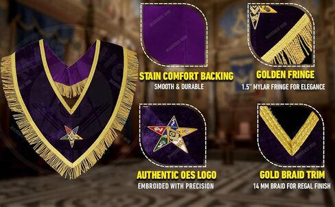 طوق راعي جدير باللون الأرجواني المخملي الماسوني OES مع جديلة ذهبية وهامش 1.5 بوصة، مبطن بالحرير الساتان، مصنوع يدويًا من Eastern Star Regalia in Kuwait