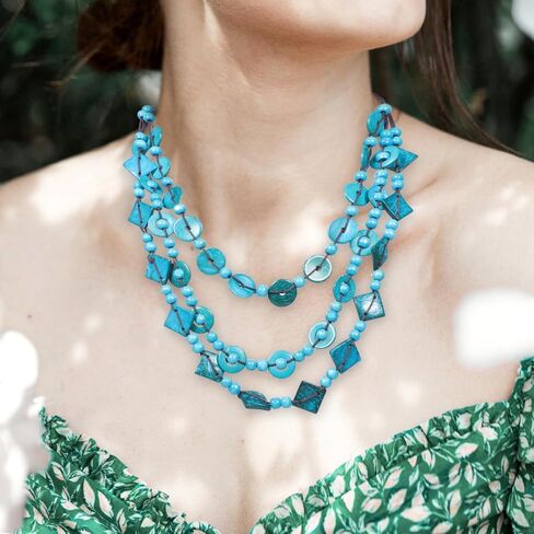 Chunky Necklace Bohemian Shell Necklace Wood Bead Statement Collar Chunky Layered Handmade Beaded Long for Women (Blue, Random) in Saudi Arabia