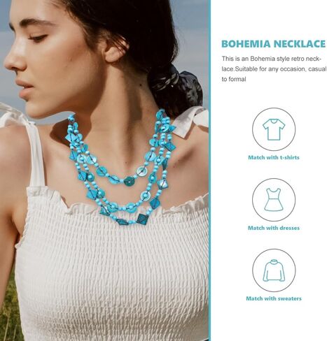 Chunky Necklace Bohemian Shell Necklace Wood Bead Statement Collar Chunky Layered Handmade Beaded Long for Women (Blue, Random) in Saudi Arabia