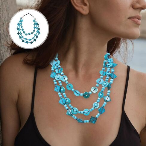 Chunky Necklace Bohemian Shell Necklace Wood Bead Statement Collar Chunky Layered Handmade Beaded Long for Women (Blue, Random) in Saudi Arabia