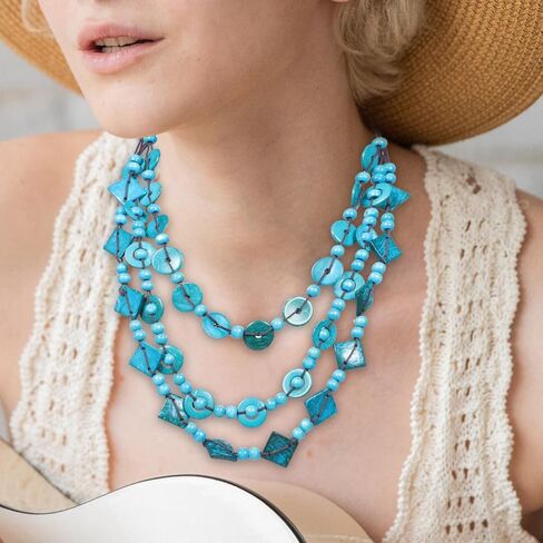 Chunky Necklace Bohemian Shell Necklace Wood Bead Statement Collar Chunky Layered Handmade Beaded Long for Women (Blue, Random) in Saudi Arabia