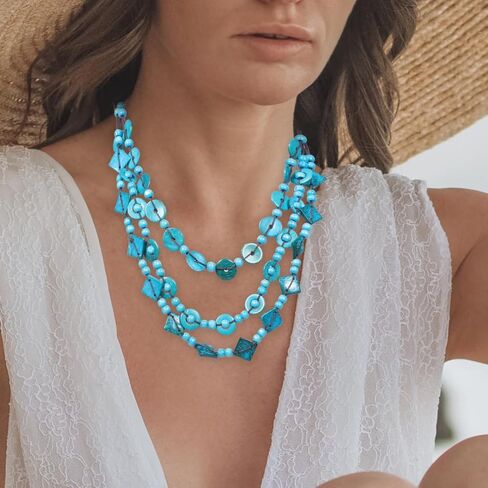 Chunky Necklace Bohemian Shell Necklace Wood Bead Statement Collar Chunky Layered Handmade Beaded Long for Women (Blue, Random) in Saudi Arabia