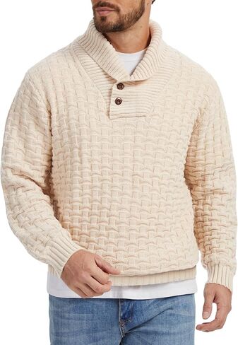 Mens Fisherman Sweater, Button Turtleneck Shawl Collar Waffle Knit Pullover for Winter Business Casual in Saudi Arabia