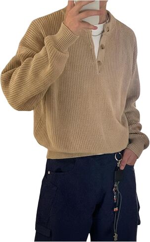 GORGLITTER Men's Sweater Button Henley Crewneck Knitted Casual Fall Trendy Sweater Top in Saudi Arabia