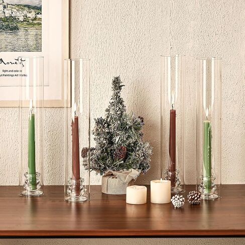 Hurricane Glass Candle Holders with Candlestick Holders Set of 6 Tall Clear Cylinder Covers for Taper Candles, 13.82" Glass Chimney Candle Holder Set for Wedding Centerpieces, Dining Table Home Decor in Kuwait