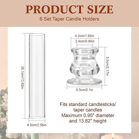 Hurricane Glass Candle Holders with Candlestick Holders Set of 6 Tall Clear Cylinder Covers for Taper Candles, 13.82" Glass Chimney Candle Holder Set for Wedding Centerpieces, Dining Table Home Decor in Kuwait