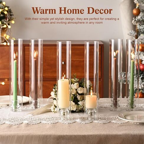 Hurricane Glass Candle Holders with Candlestick Holders Set of 6 Tall Clear Cylinder Covers for Taper Candles, 13.82" Glass Chimney Candle Holder Set for Wedding Centerpieces, Dining Table Home Decor in Kuwait